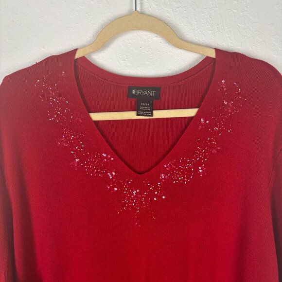 Lane Bryant Plus Size 22/24 Red Beaded V-Neck Sweater Holidays Christmas Winter - Picture 2 of 4